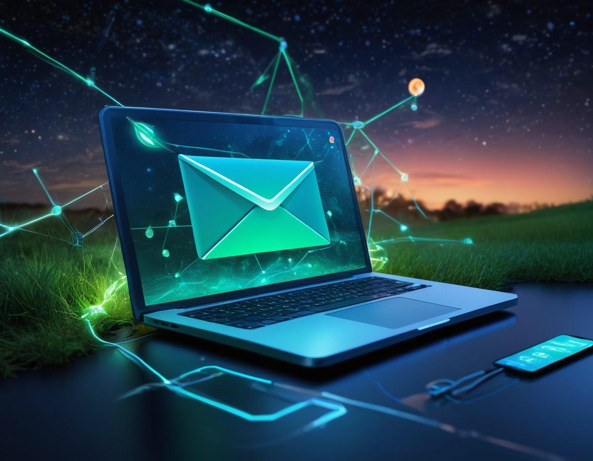 A futuristic email interface featuring Rocketmail's logo, surrounded by a glowing digital landscape filled with interconnected devices and vibrant data streams symbolizing e-communication. A sleek rocket icon navigates through the network, representing speed and efficiency. The color scheme should include bright blues and greens for a tech-savvy feel. super-realistic. vibrant colors.