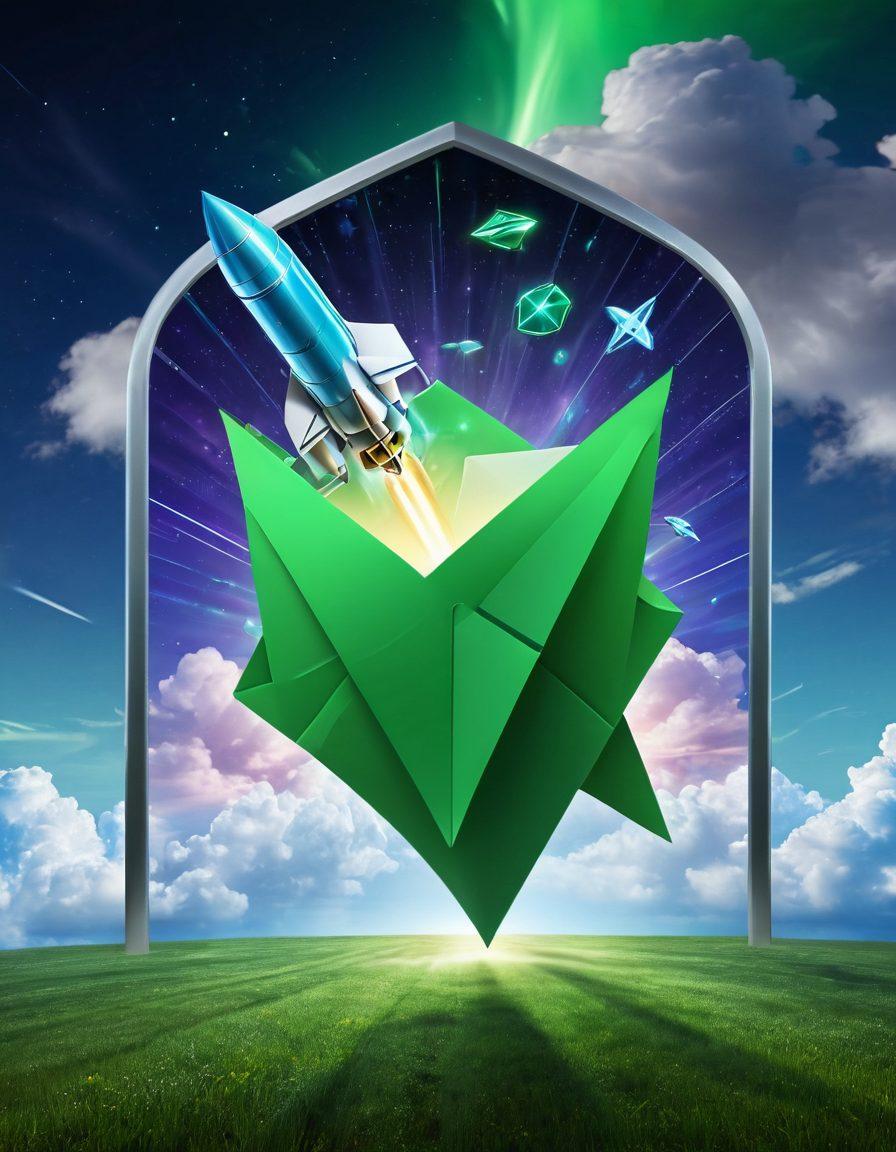 A futuristic rocket-shaped email envelope soaring through a digital sky filled with cyber shields, illustrating advanced email security. Below, a vibrant landscape of green checks symbolizes spam protection, while a glowing key symbolizes unlocking superior security features. The scene is framed with bright and dynamic technological motifs, suggesting speed and efficiency. super-realistic. vibrant colors. futuristic style.